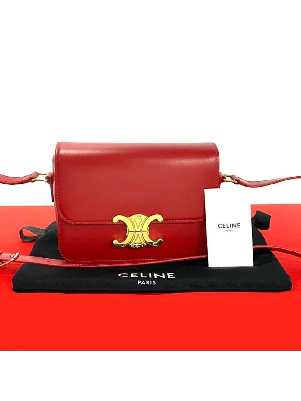 Celine Triomphe Logo Leather Mini Shoulder Bag Pochette Red